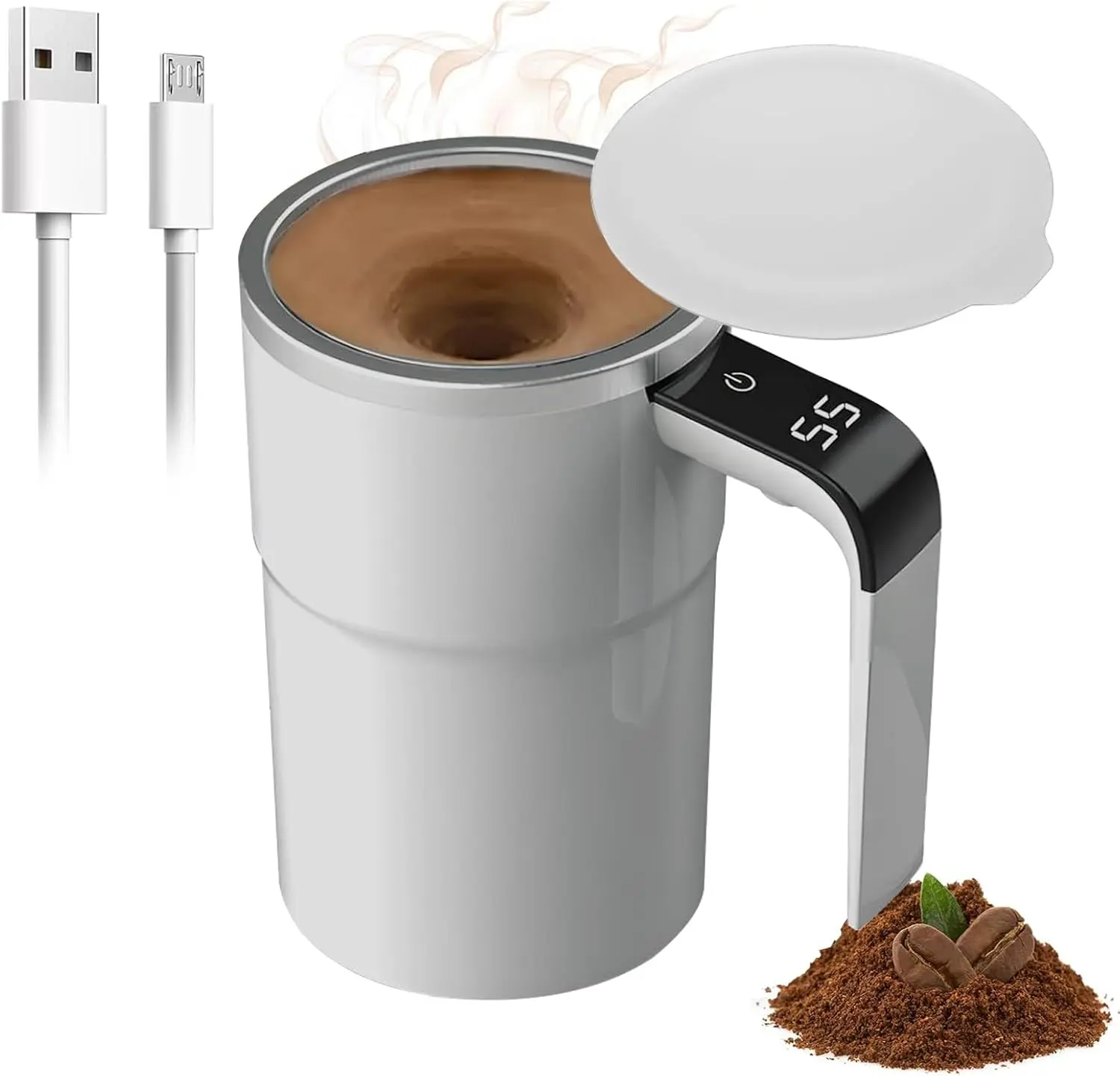 Stainless Steel Thermal Smart LED Temperature Display Drink Tumbler, USB Fast Rechargeable Automatic Mixing Mug with Removable Magnetic Stirrer, Compact Modern Secure Lid, Office Desk Gadget for Coffee Lovers & Tech Geeks