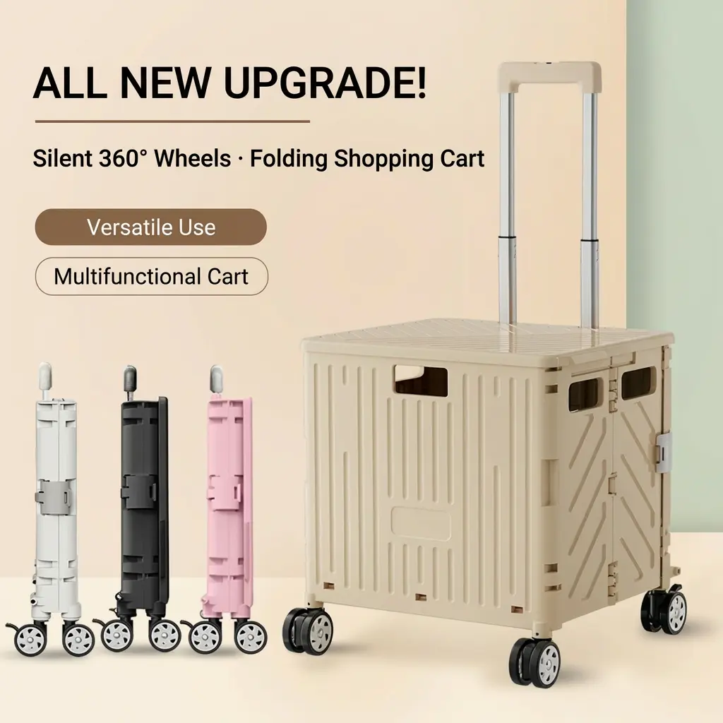 Khaki 10-Gal Folding Utility Cart - Portable Rolling Crate Handcart with Lid, Basket, 4 Rotatable Wheels, Collapsible Tool Box for Office, Grocery Use