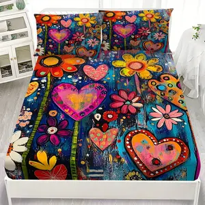 3pcs Heart and Flower Fitted Sheet Set, Soft and Machine Washable, Adorned with a Vivid and Artistic Array of Hearts and Flowers, 1 Fitted Sheet + 2 Pillowcases by Latacaca Decorative Bedsheet Sets