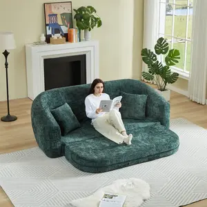 87-inch Curved Convertible Sofa Recliner, 2-in-1 Fold-Out Sofa Bed, with Pull-Out Base and Deep Seat Design, Includes Two Pillows, Chenille Two-Seater Recliner, No Assembly Required,  Durable for Daily Family Use