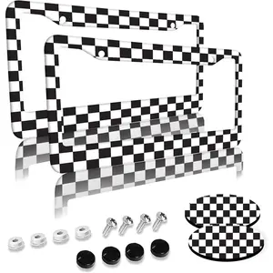 Black and White Checkered Pattern License Plate Frames 2 Pack 2 Holes Aluminum License Plate Cover with 2 Pcs Car Coasters and Screw and Black Screw Caps for Girl Women Men Gifts