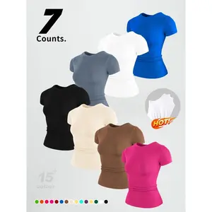 Women's Stretch Short Sleeve Round Neck T-Shirt, Moisture-Wicking Tight-Fit Gym Top, Gym Shirts, Available in Sets of 1, 3, 4, or 7 Pieces