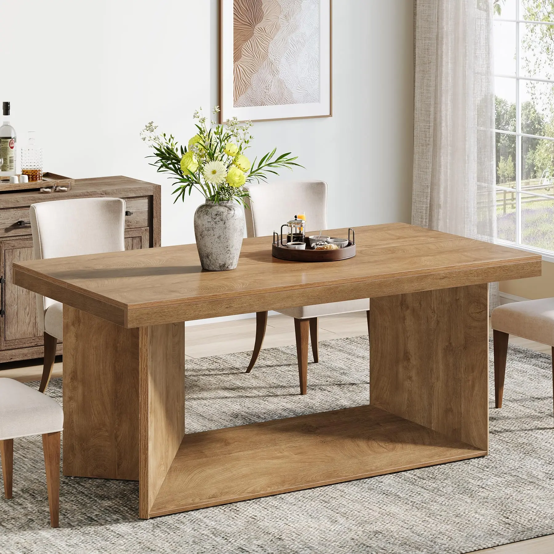 Tribesigns 63-Inch Farmhouse Pedestal Dining Table, 4-6 Seats, Wooden Rectangular Brown, For Home & Dining Room Tribesigns 63-Inch Farmhouse Pedestal Dining Table, 4-6 Seats, Wooden Rectangular Brown, For Home & Dining Room