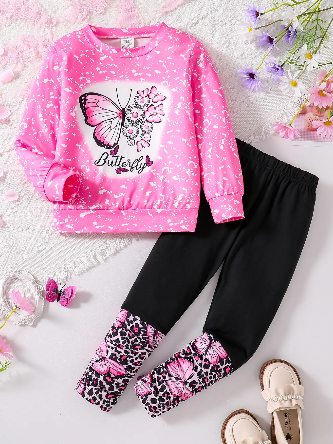 Autumn Girls Fashion Round Neck Butterfly Print Top + Elastic Slim Fit Pants Set, Stylish Kids Clothing, 2 Piece