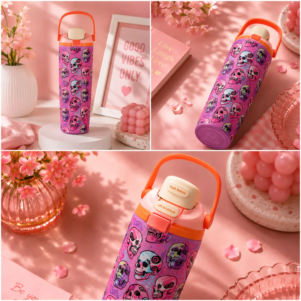 Owala Skull Powder 32oz FreeSip Water Bottle, Pink Skull Print Insulated Stainless Steel Tumbler