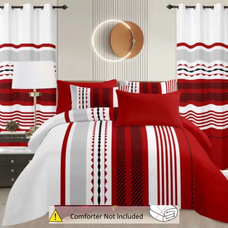 King Size 8-Piece Decorative Pattern Bedding Set with Matching Curtains Complete Set  (No Comforter) Pillowcases Coordinated Artwork for Modern Bedroom Look