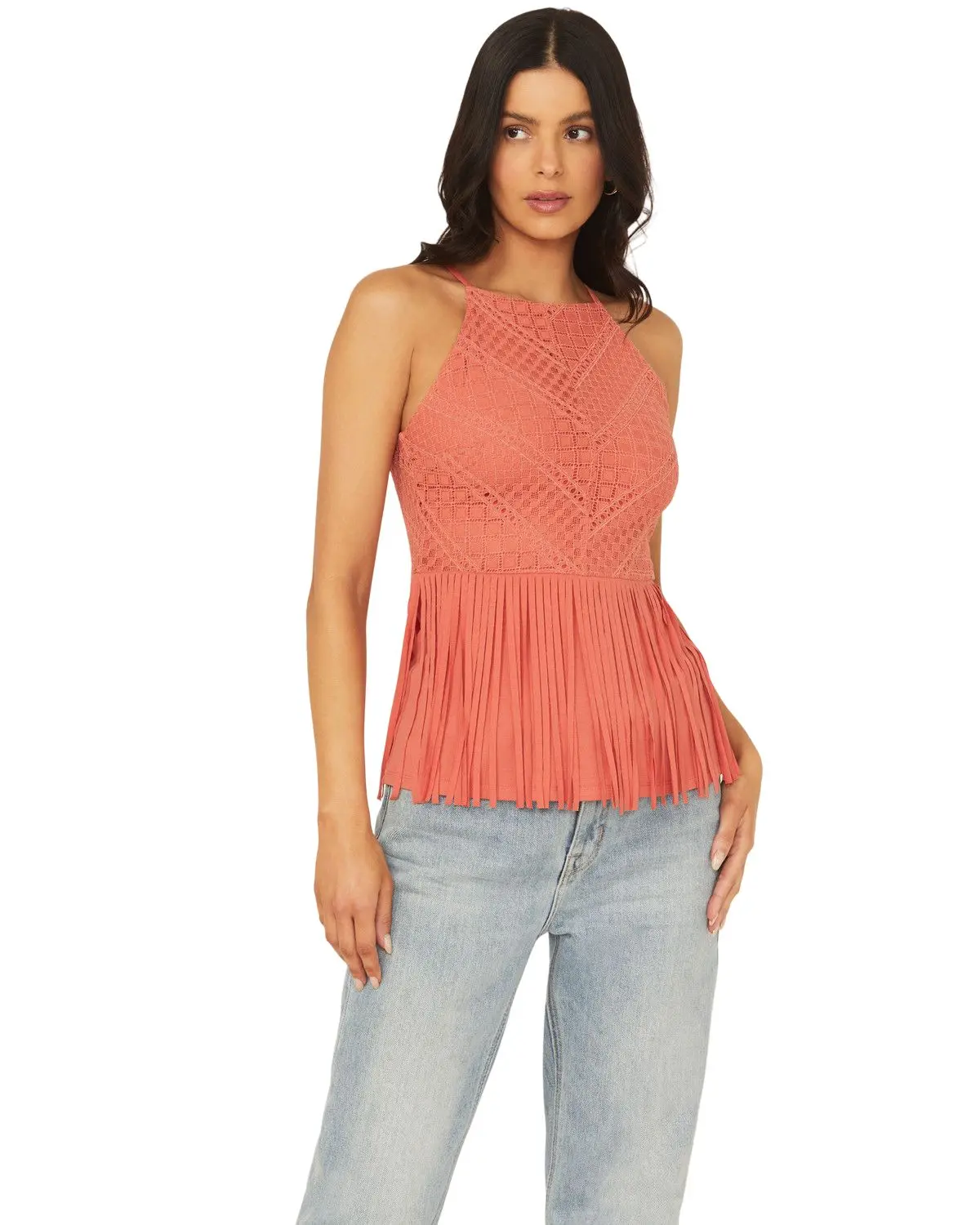 Shyanne Women's Women'S Stretch Lace Halter Fringe Tank - Swsu25k51-Dkpnk
