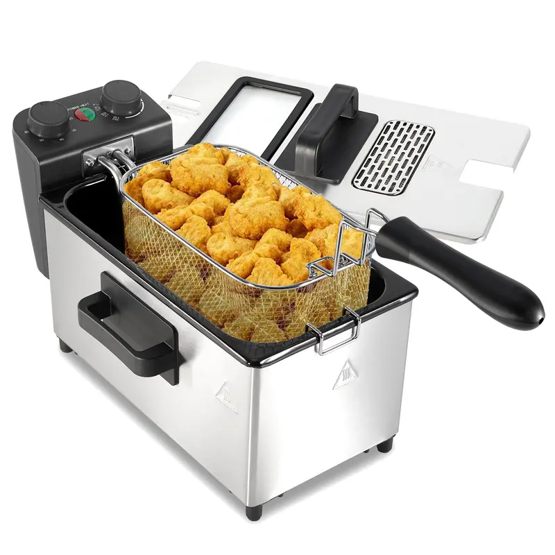 Kerilyn Large Deep Fryer with Basket, 3.2QT Stainless Steel Electric Oil Fryer,1700w Deep Fryer with Time & Temperature Control Removable Basket, Lid with View Window,Perfectfor Kitchen,Fry Fish,Professional Style fryer