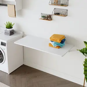 [Fahuac] White Wall Mounted Folding Table, Solid Wood Fold Down Desk for Laundry Room, Space Saving Floating Wall Desk for Kitchen Bedroom Small Spaces