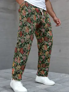 Men's Casual Floral Woven Pants, Elastic Drawstring Waist, Loose Fit, Perfect for Beach Vacation & Music Festivals, Casual Comfy Trousers