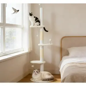 Tall Floor to Ceiling Cat Tree - No Drilling, Sturdy Adjustable Cat Tower for Large Cats | 3 Platforms, Sisal Scratching Post & Pom Pom Toys - Space-Saving Cat Furniture for Small Homes, Keeps Cats Active Indoors