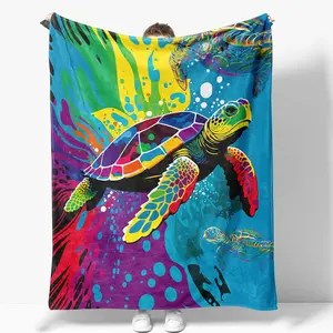 Sea Turtle Blanket Gifts for Women Girls Boys Kids Adults Teen Birthday Christmas Valentine Present Colorful Ocean Turtle Decor Bedroom Living Room Couch Bed Sofa Soft Cozy Plush Flannel Throw 60"x50", Printed on One Side with a Plain White Back, Hallowee