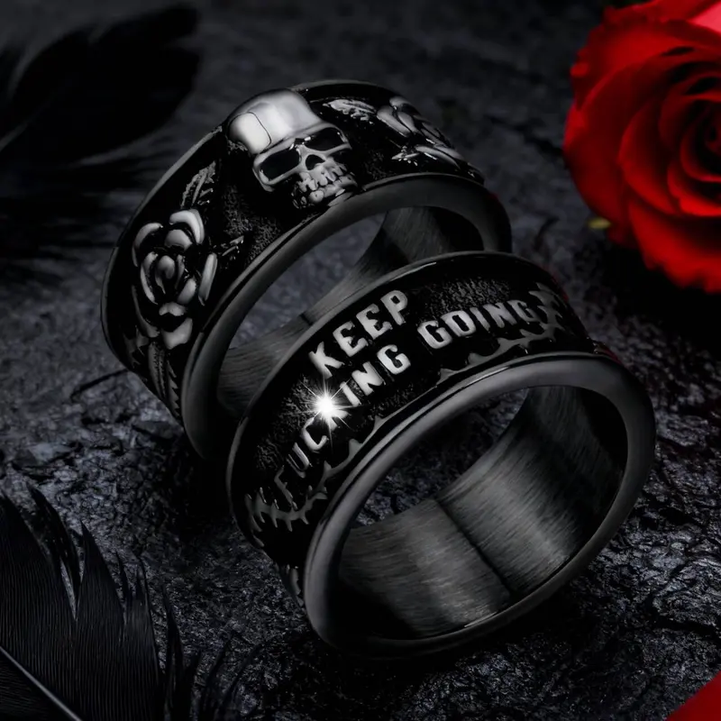 Male Gothic Rose Skull Stackable Rings - Fade-Resistant Stainless Steel (Silver/Black), Bold Text Skull Motif, Alt Fashion Gothic Accessories, Punk Rock Adult Picks, Ideal for Celebrations, Ceremony, Sizes 8-15