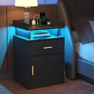 LED Nightstand with Wireless Charging Station Modern Nightstand 2 Drawers Bedside Table Black Smart Night Table High Gloss End Side Table for Bedroom
