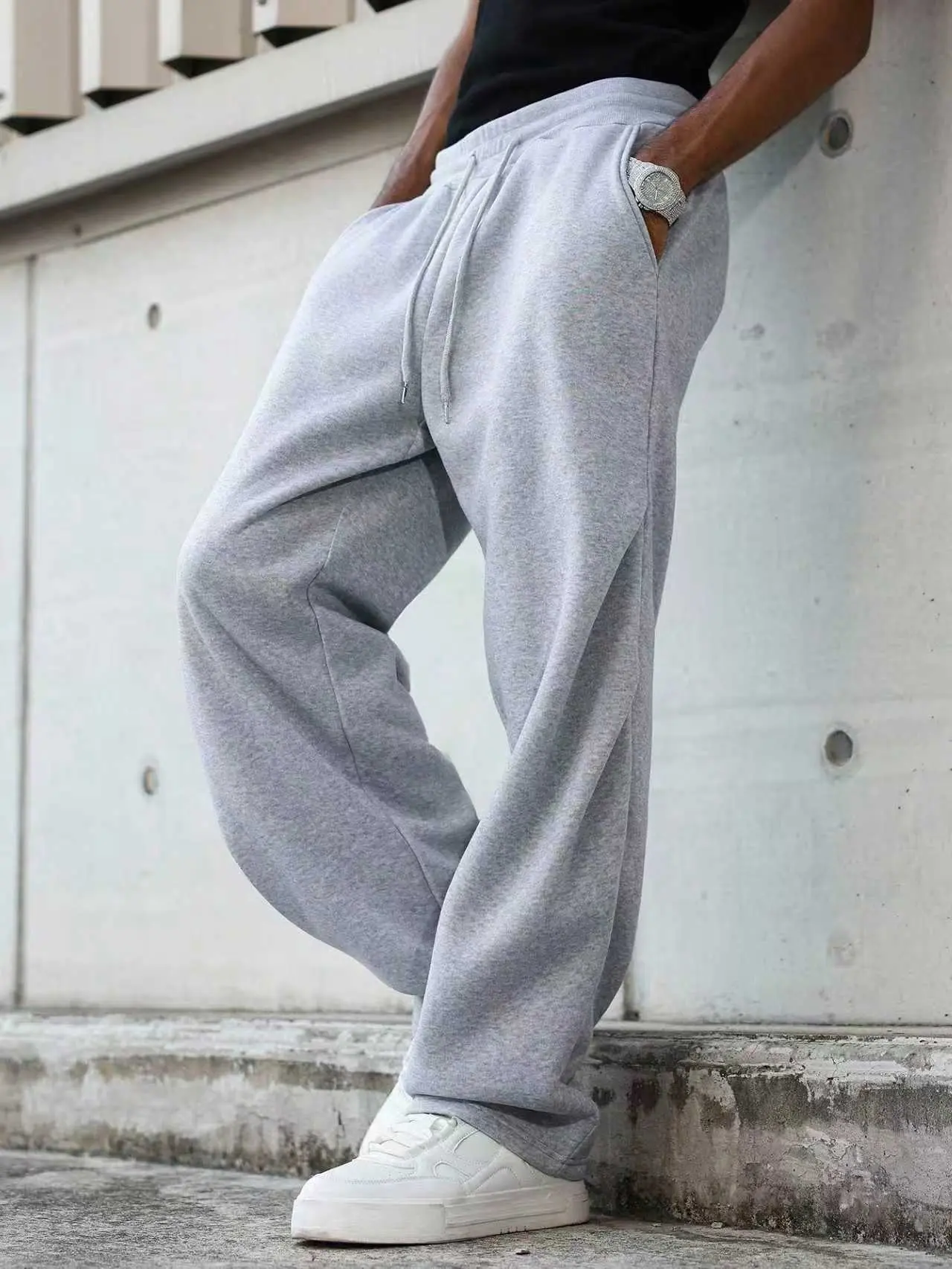 Men's Fleece-Warm Solid Color Drawstring Waist Baggy Jogger Sweatpants - 1 Hip Pocket, Washed Look, Straight Wide Leg, Autumn-Winter Essential Streetwear Athletic Bottoms