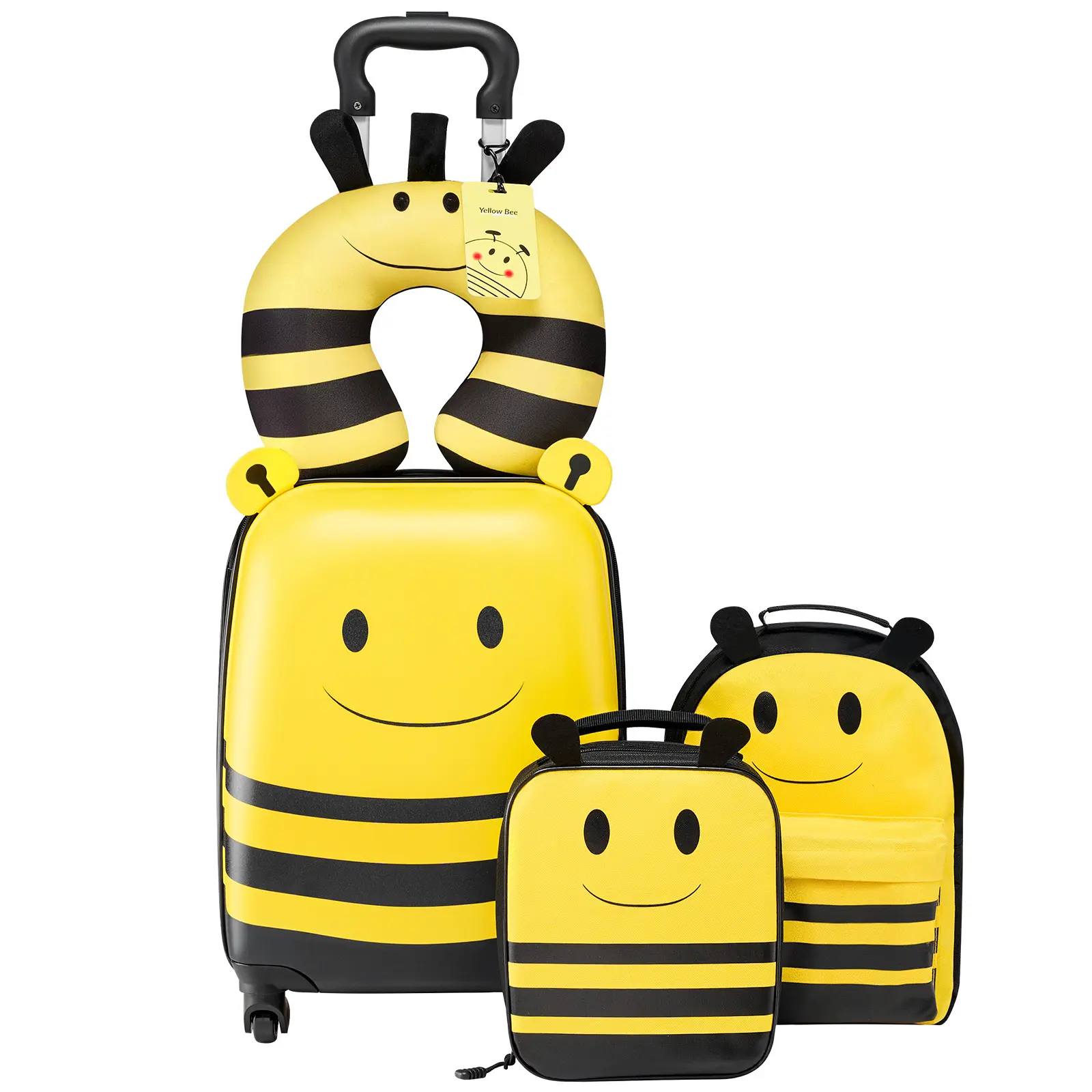 VEVOR Kids 5-Piece Carry-On Luggage Set, 18in Hardside Rolling Suitcase with Backpack & U-Shape Pillow, Durable Impact-Resistant Rigid Hard-Shell Bee Luggage, Airline-Approved Holiday Birthday Gift for Kids, Carry-On Luggage Sets, Durable Luggage Sets