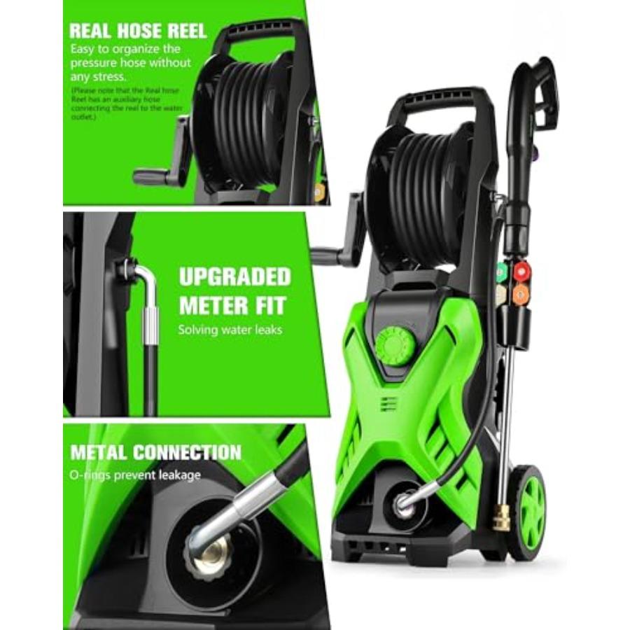 Electric Pressure Washer 2.8 GPM High Power Washer Adjustable Pressure 2500PSI-5000PSI with 33FT Extension Hose Reel 4 Nozzles