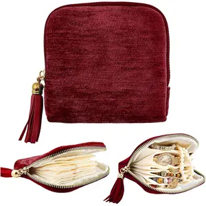 Small Travel Jewelry Case, Portable Soft Velvet Organizer Pouch,Organizer Pouch with 5 Compartments Pocket,for Bangle, Bracelets, Large Earrings, Beaded necklace, Women Gifts for Travel (Burgundy)