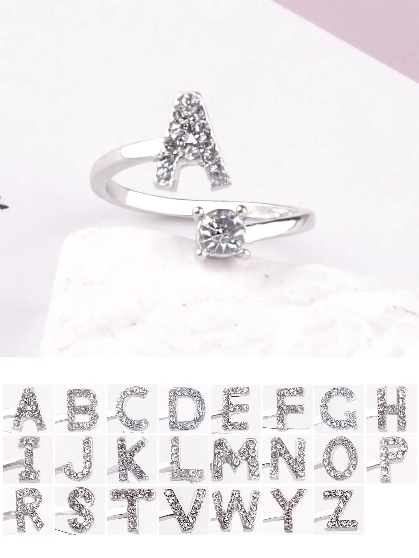 Fashion Rhinestone Decorated Alphabet Elegant Letter Design Ring for Women & Girls, Trendy All-match & Exquisite Jewelry for Gift