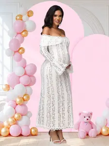ELARA Maternity Elegant Lace Off Shoulder Flare Sleeve Dress Pregnant Women Bodycon Gown Evening Dress For Baby Shower, Photoshoot, Party Pregnancy Reveal Clothing