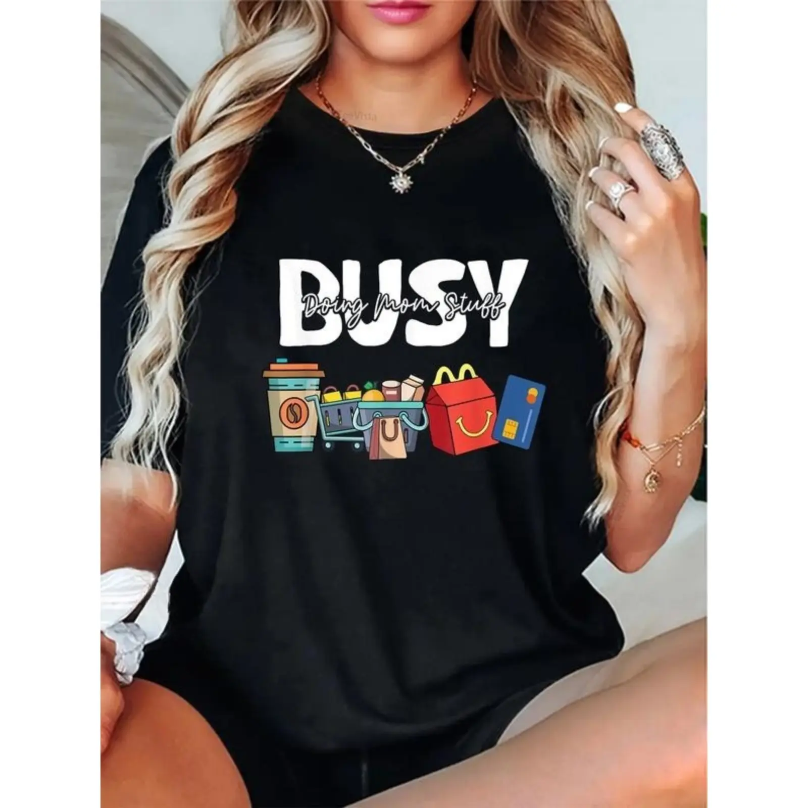 Women's Funny Graphic Tshirt, 'Busy Doing Mom Stuff' Print, 100% Cotton Round Neck Top with Relaxed Fit for Moms