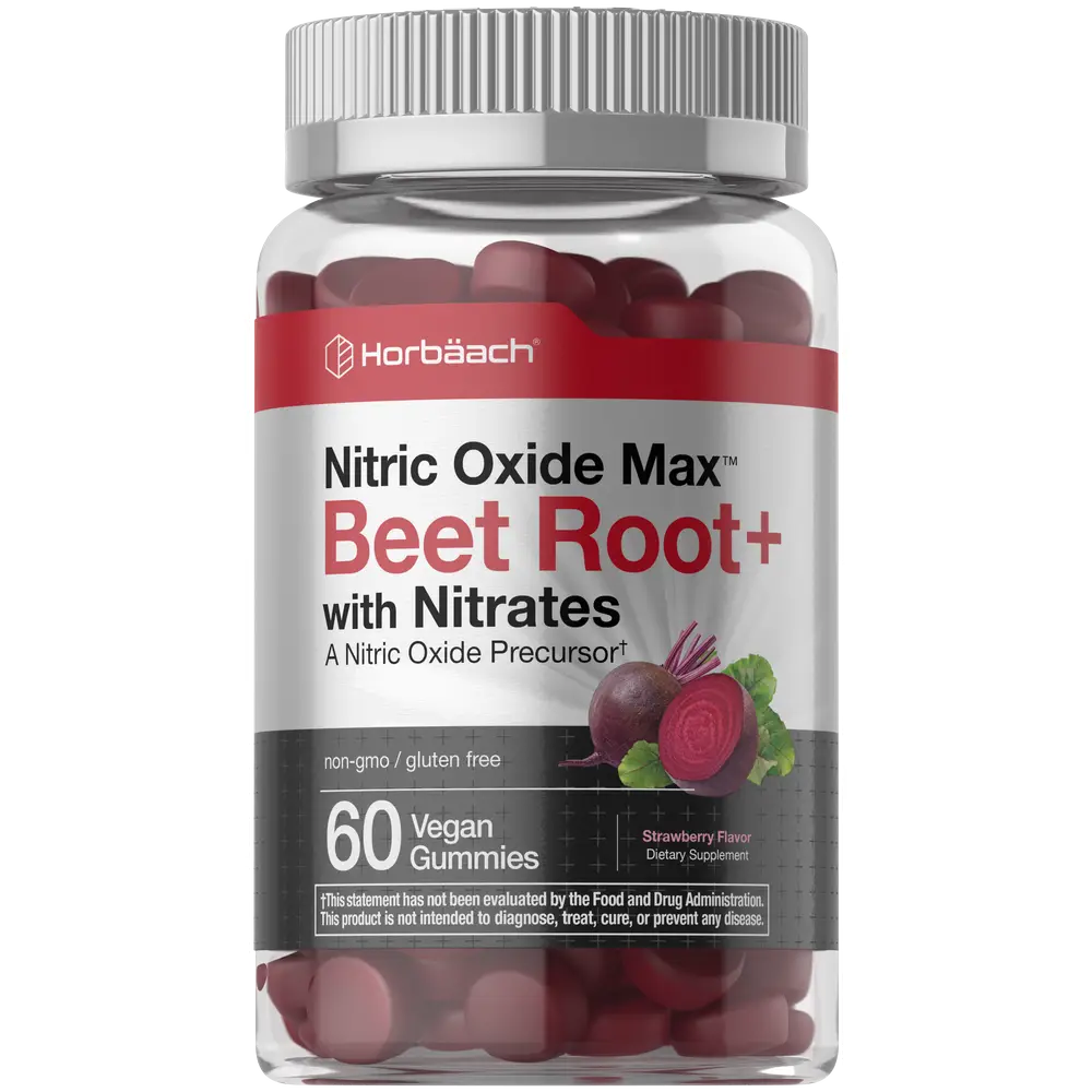 Horbäach Nitric Oxide Beet Root Gummies | 60 Count | with Nitrates | Strawberry Flavor | Vegan, Non-GMO, Gluten Free Supplement