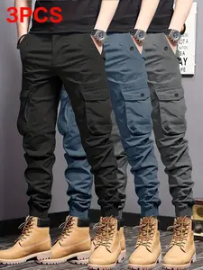 Set of 3 men’s cargo pants — lightweight summer joggers with multiple pockets, an elastic waistband, and side pockets; casual solid colors, regular fit; suitable for casual wear, jogging, outdoor activities, and fashionable casual outfits.