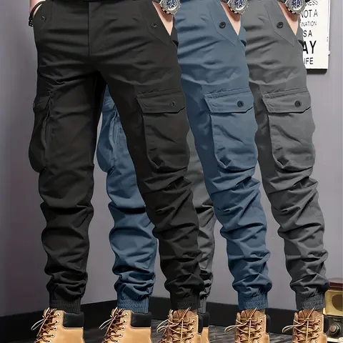 Men's 3-Pack Cargo Pants Set - 3Pcs-Black + Khaki + Gray Plain Ultra Lightweight Polyester Summer Joggers, Elastic Waistband, Multiple Pockets, Regular Fit, Quiet Utility Pants for Outdoor Use