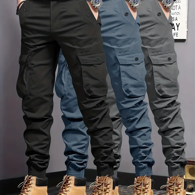 Men's 3-Pack Cargo Pants Set - 3Pcs-Black + Khaki + Gray Plain Ultra Lightweight Polyester Summer Joggers, Elastic Waistband, Multiple Pockets, Regular Fit, Quiet Utility Pants for Outdoor Use
