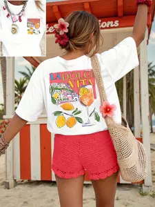 Women's Casual T-Shirt with Fruit Lemon Pattern, Double-Sided Printed Short Sleeve Tee, Comfortable Loose Fit Everyday Top for All Seasons