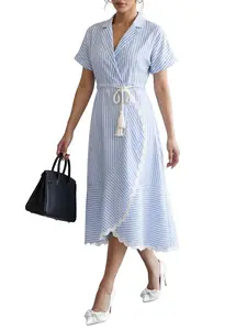 Women's Striped Ruffle Hem Split Design Tie Front Midi Dress, Elegant Floral Pattern, Perfect for Daily Wear & Special Occasions