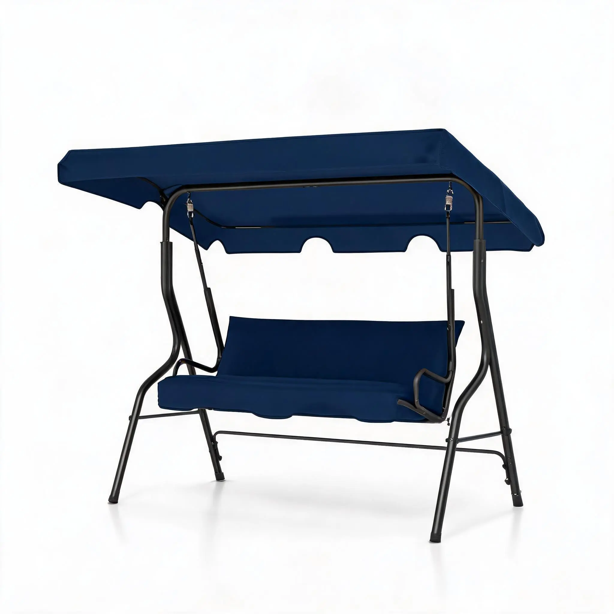 3 Seat Outdoor Porch Swing with Adjustable Canopy, Patio Swing Chair with Stand, Metal Frame, Thick Cushions, 500 lb Capacity, Outdoor Swings for Adults, Backyard Garden Deck, Dark Blue