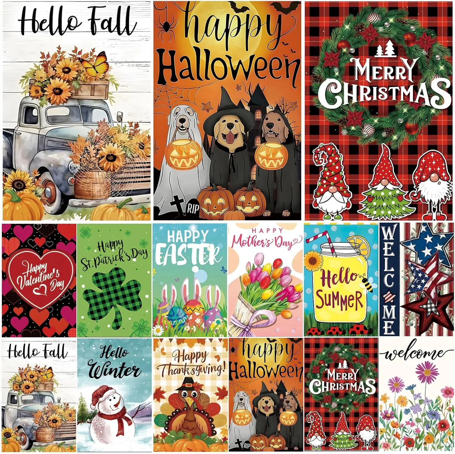 Seasonal Garden Flags Set of 12, Double Sided 12x18 Inch Yard Flags