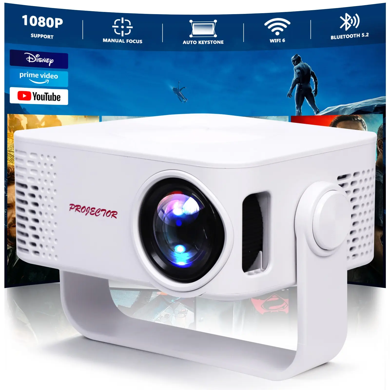 Mini Projector Portable Video Projector Wifi Projector Wi-Fi Bluetooth-compatible Wireless Projector Support Native 1080P 4K Auto Focus 360° Rotation Compatible with Phone Computer HDMI USB