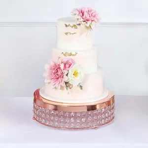 Metal Cake Stand Pedestal 14" Crystal Beaded Design Rose Gold - Cupcake Display and Dessert Riser