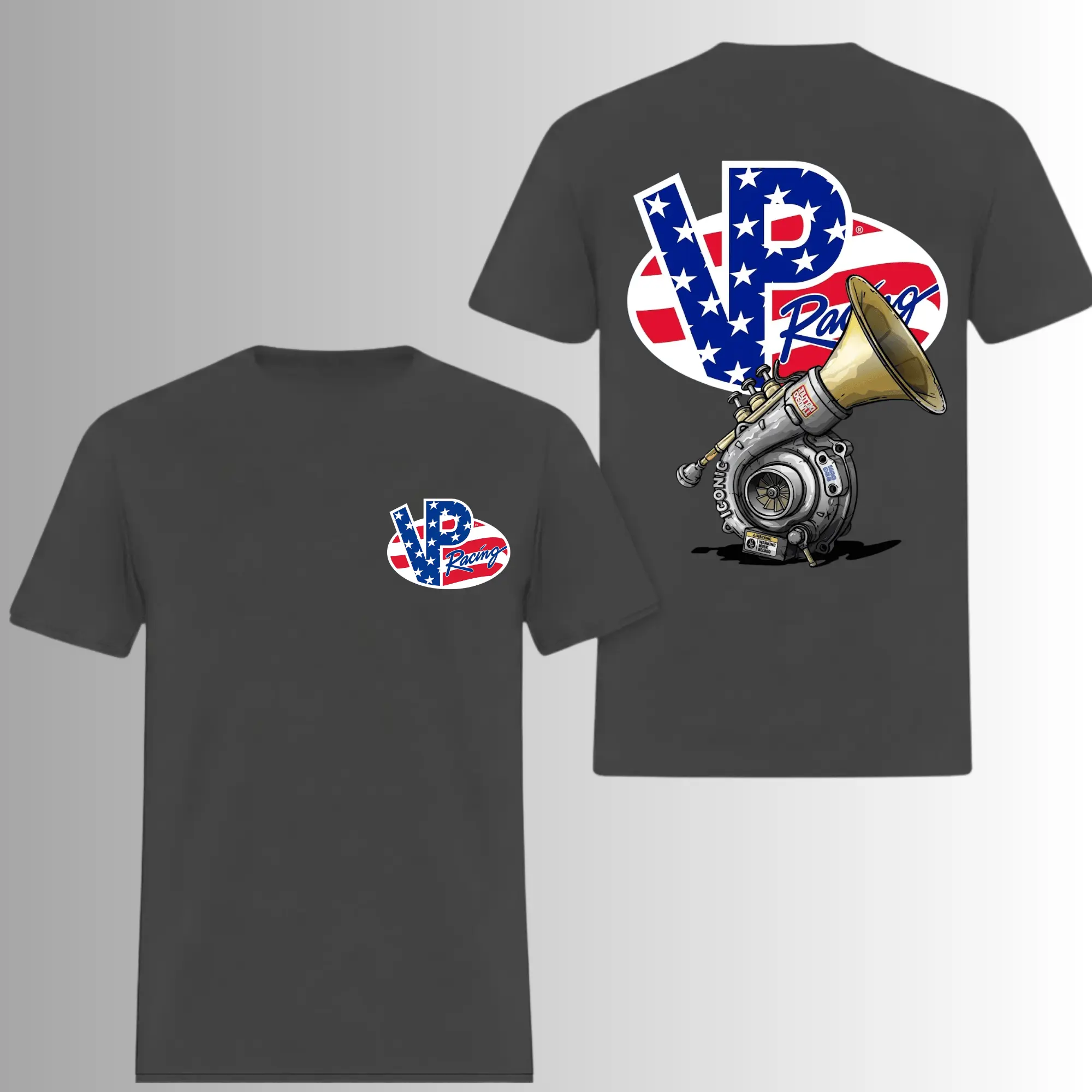 VP Racing Turbocharger Horn T-Shirt, 2 Sides, American Flag Boost Noise Graphic Tee