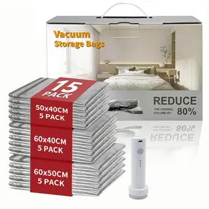 【FathersDayGift】2026 Upgraded Cordless Travel Vacuum Storage Compression Bag Set 15 Pack -Vacuum Bags for Travel with Rechargeable air Pump，for Luggage and Suitcase, Space Saver for Clothes and Clothing Travel Zipper Pouches