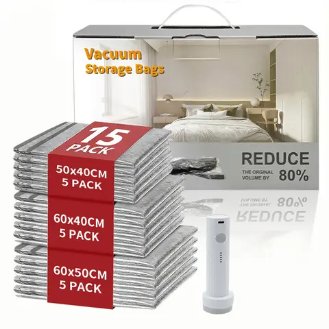 【Father's Day Gift】2026 Upgraded Multi-Size Cordless Portable Vacuum Storage Bags (15-Pack) with 1500mAh Rechargeable Air Pump - 19.7×23.6in Synthetic Home Organizer, Dustproof Space Saver for Luggage, Bag Organization