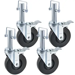 Baker Scaffold Wheels Set - 4 Pack 5 Inch Scaffolding Wheels With 1 Inch Solid Round Stem, 280 LBS Load Rating, Rubber Tread Casters, Dual Locking Brakes, Heavy Duty Casters For Scaffolding Platforms And Workstands