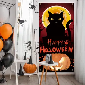 1pc - Halloween outdoor banner, porch decoration for holiday party scenes, scary black cat background cloth atmosphere decoration hanging cloth, 72 inch oversized flag, suitable for courtyard decoration, props for holiday party scene venue layout