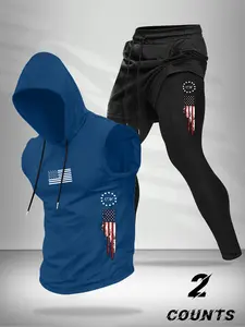 Men's Summer Casual Sports Two-Piece Set, Hooded Sleeveless Vest Top & Faux Two-Piece Basketball Pants Combo, Comfortable Daily Wear