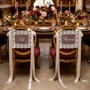 Breling 2 Pcs Lace Just Married Wedding Chair Signs Sweetheart Table Chairs Back Banners Covers Decorations with Ribbon for Bride and Groom, Mr & Mrs Ceremony Reception