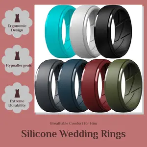 7Pack Size 7-16 Silicone Wedding Rings For Men 10mm Wide 2.5mm Thick Rubber Bands With Inner Arc Erongomic AirFlow Grooves Breathable Engagement Ring For Him