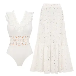 FLAXMAKER Women's Tummy Control Ruffle White Laser-Cut Flower Hollow One Piece Swimsuit and Skirt Set Swimdress Set, Stylish Beachwear for Summer Outdoor Fun #SwimWeek#summervibes️ #SummerWins #TikTokShopDealsforYouDays summerwins