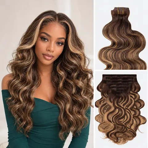 LASHEY 100% Human Hair PU Clip-In Extensions for Black Women - Seamless Invisible Edge, Colored Highlights, Volumizing, Silky, Straight, Body Wave, Kinky Straight, Kinky Curly, 14-24in, 2-3 Full Head Packs, Wavy Hair Extensions, Silky Hair Extensions