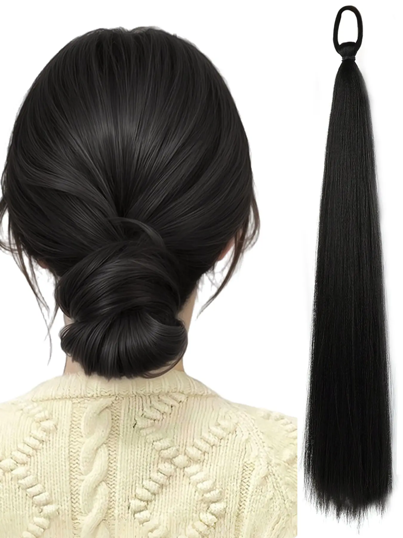 1 piece straight long ponytail hair extension for DIY ponytail hairstyles pre braided big bun braid synthetic hair with black elastic band style 26 inch artificial hair bundle for women versatile styling Synthetic Extensions