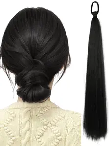 1 piece straight long ponytail hair extension for DIY ponytail hairstyles pre braided big bun braid synthetic hair with black elastic band style 26 inch artificial hair bundle natural fluffy for women versatile styling Synthetic Soft Hairpieces
