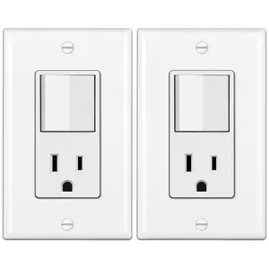 2 Pack Combination Wall Light  and Decor Outlet, Single Pole Rocker , 15A/120V, Decorative Receptacle, 15A/125V, Combo Style, Wallplate Included, Side Wire, UL Listed, White