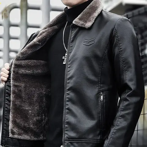 Men's Fitted Retro PU Jacket - Thickened Thermal Fleece Lined, Plain, Windproof, Structural Fabric Men's Real & Faux Leather Jackets, Medium, Autumn Winter Casual Everyday Wear, Outdoor Riding Coat