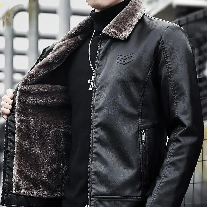 Men's Thickened Warm Windproof Fleece Lined Casual PU Jacket Medium Size Autumn Winter Riding Coat for Everyday Wear Stylish Tops Western Clothing Long Sleeve Outdoor
